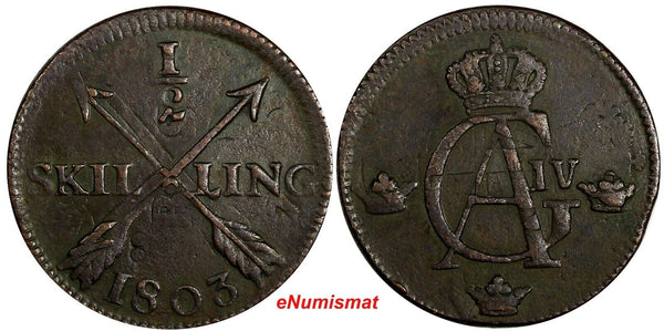 SWEDEN Gustaf IV 1803 1/2 Skilling OVERSTRUCK on 1 Ore (1730-1767) KM# 565 (691)