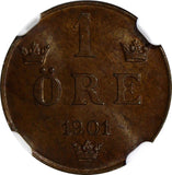 SWEDEN Oscar II Bronze 1901 1 ORE NGC MS64 BN  KM# 750 (072)