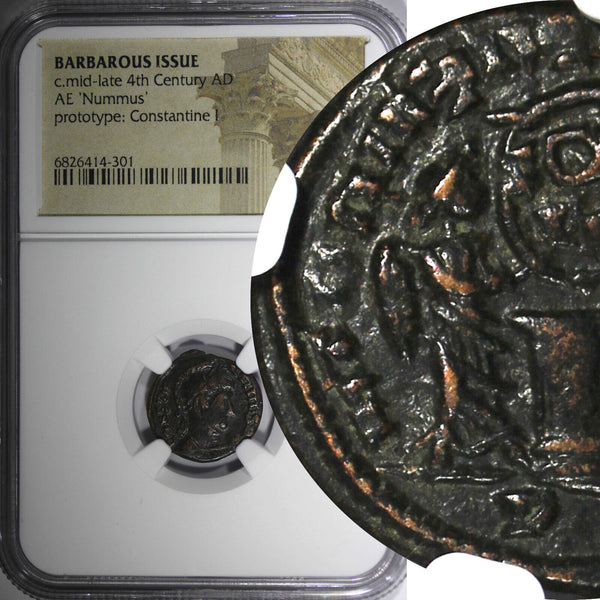 Constantine I .BARBAROUS ISSUE NUMMUS 4th Cen. AD NGC /Two Victories at Altar(1)