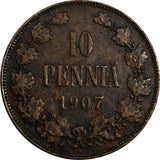 Finland Nicholas II Copper 1907 10 Penniä Mintage-503,000 KM# 14 (18 739)