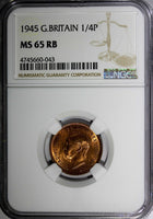 Great Britain George VI Bronze 1945 Farthing NGC MS65 RB RED TONING KM# 843 (43)