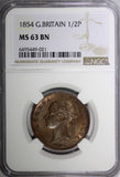 Great Britain Victoria Copper 1854 1/2 Penny NGC MS63 BN Nice Toned KM#726 (21)