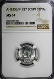 EGYPT Farouk Silver AH1356//1937 2 Piastres NGC MS64 Mintage-500,000 KM# 365(37)