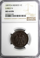 Mexico SECOND REP.1897 CN 1 Centavo Large"N" NGC MS64 BN 1 GRADED HIGHER KM391.1