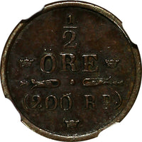 SWEDEN Oscar I Copper Pattern(1854) 1/2 Ore NGC AU55 RARE Ex.Lund Coll KM# Pn73