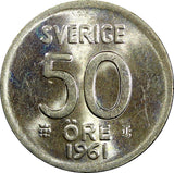 Sweden Gustaf VI Silver 1961 TS 50 Ore  Last Year Type GEM BU KM# 825 (007)