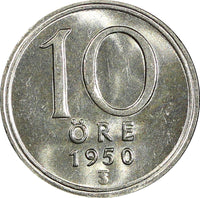 Sweden Gustaf V (1907-1950) Silver 1950 10 Öre GEM BU KM# 813 (22 057)