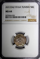 Tunisia Silver AH1335 / 1916 A 50 Centimes NGC MS64 Nice Toned KM# 237 (39)