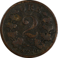 Norway Oscar II Bronze 1876 2 Øre 1st Year for Type Better Date KM# 353 (17 546)
