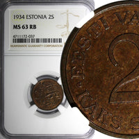 ESTONIA Bronze 1934 2 Senti NGC MS63 RB 1 YEAR TYPE NICE TONED KM# 15 (037)