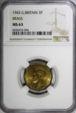 Great Britain George VI 1943 3 Pence WWII Issue NGC MS63 KM# 849 (044)
