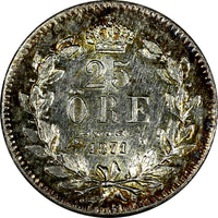 SWEDEN Carl XV Silver 1871/61 25 ORE OVERDATE UNC Rainbow Toning KM# 712 (17206)