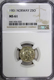 Norway Oscar II Silver 1901 25 Øre NGC MS61 Mintage-606 900 KM# 360 (020)