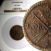 Sweden CARL XI 1677 Ore, S.M. NGC AU53 BN TOP GRADED ! OVERSIZE SLAB KM#264a (1)