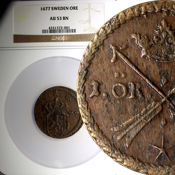 Sweden CARL XI 1677 Ore, S.M. NGC AU53 BN TOP GRADED ! OVERSIZE SLAB KM#264a (1)