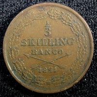 Sweden Oscar I Copper 1851 1/3 Skilling Mintage-537,840 KM# 657   (23 142)