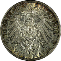 Germany BADEN Friedrich II Silver 1909 G 3 Mark Toned 33mm ch.XF/aUNC KM#280/089