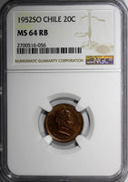 Chile Copper 1952-So 20 Centavos NGC MS64 RB TOP GRADED BY NGC KM# 177