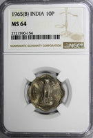 India-Republic Copper-Nickel 1965 (C) 10 Paise NGC MS64 Asoka Lion KM# 25