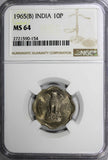 India-Republic Copper-Nickel 1965 (C) 10 Paise NGC MS64 Asoka Lion KM# 25