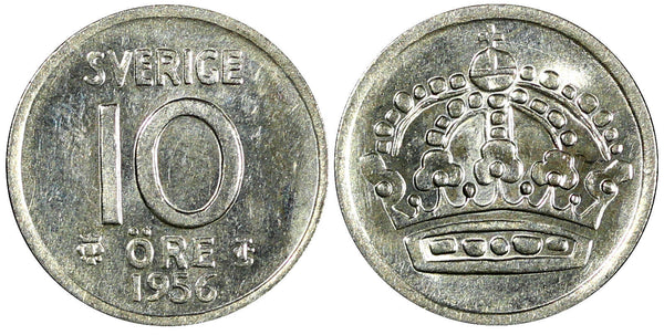 Sweden Gustaf VI SILVER 1956 10 Öre UNC  KM# 823 (22 093)