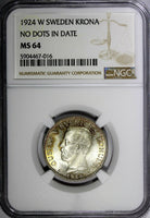 Sweden Gustaf V Silver 1924 W 1 Krona No Dots in Date NGC MS645 KM# 786.2 (016)