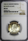 Sweden Gustaf V Silver 1924 W 1 Krona No Dots in Date NGC MS645 KM# 786.2 (016)