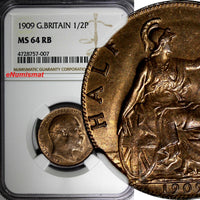 GREAT BRITAIN Edward VII Bronze 1909 1/2 Penny NGC MS64 RB NICE RED KM# 793.2(7)