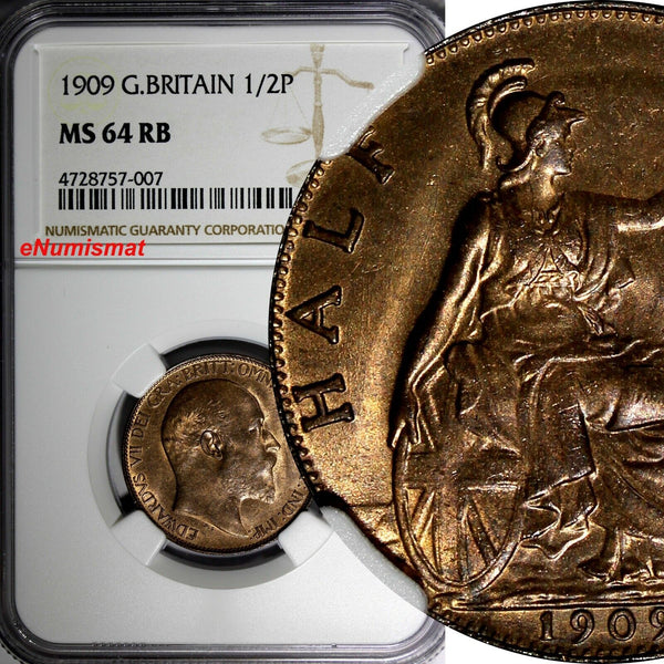 GREAT BRITAIN Edward VII Bronze 1909 1/2 Penny NGC MS64 RB NICE RED KM# 793.2(7)