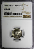 SWITZERLAND Copper-Nickel 1955 B 5 Rappen NGC MS65 HELVETICA KM# 26 (004)