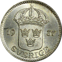 Sweden Gustaf V Silver 1937 G  25 Öre  Small "G" GEM BU KM# 785 (22 047)