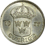 Sweden Gustaf V Silver 1937 G  25 Öre  Small "G" GEM BU KM# 785 (22 047)