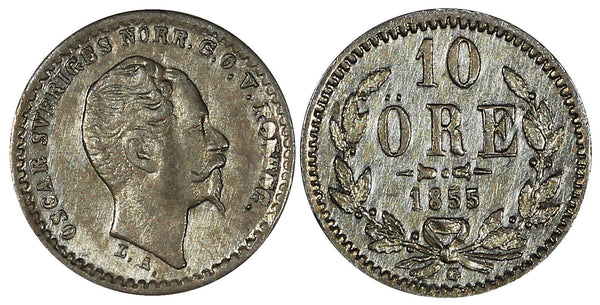 SWEDEN Oscar I (1844-1859) Silver 1855 G 10 Ore KM# 683 (20 479)