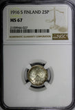 Finland Nicholas II Silver 1916 S 25 Pennia NGC MS67 GEM BU KM #6.2 (027)