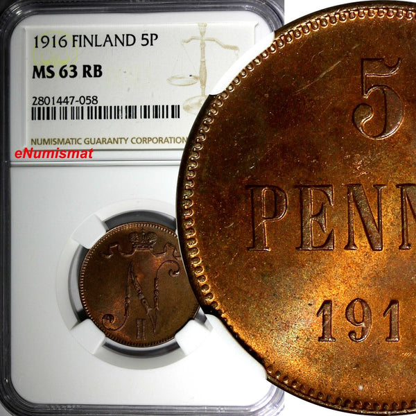 Finland Russian Tsar Nicolas II (1895-1917) 1916 5 Pennia NGC MS63 RB KM# 15 (8)