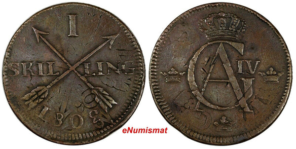 SWEDEN 1802 1 SKILLING OVERSTRUCK ON 2 ORE S.M. 1760  FULL EARLY DATE (17 113)