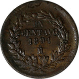 Mexico Copper 1891 Mo 1 Centavo Mexico City Mint KM# 391.6