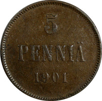Finland Nicholas II Copper 1901 5 Penniä Mintage-625,000 KM# 15  (18 734)