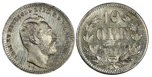 Sweden Carl XV Adolf Silver 1871 ST 10 Öre Last Year Type AU/UNC KM# 710 (488)