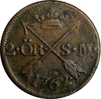 SWEDEN Adolf Frederick Copper 1762 S.M. 2 Ore SCARCE KM# 461(15 613)