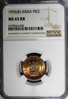 India-Republic Bronze 1955 (B) Pice NGC MS65 RB TOP GRADED BY NGC KM# 1.4