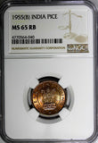 India-Republic Bronze 1955 (B) Pice NGC MS65 RB TOP GRADED BY NGC KM# 1.4