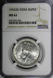 India-British George VI Silver 1942 (B) Rupee NGC MS61 Mint Luster KM# 556 (033)