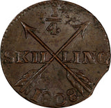 SWEDEN Copper King Gustav IV Adolf 1808 1/4 Skilling ch.XF KM# 564 (19 461)