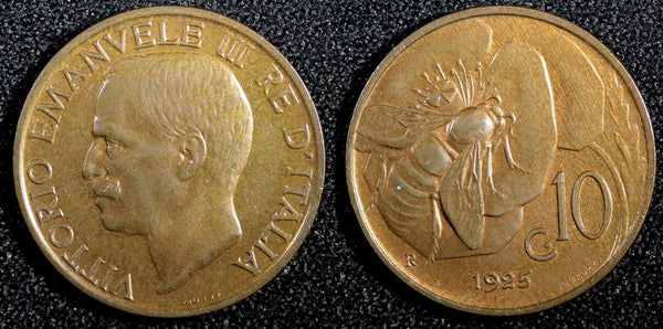 ITALY Vittorio Emanuele III Bronze 1925 R 10 Centesimi ch.UNC KM# 60 (23 887)