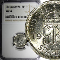 Great Britain George VI Silver 1943 6 Pence NGC AU58 KM# 852 (040)