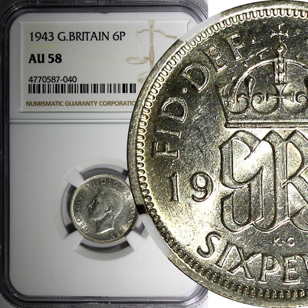 Great Britain George VI Silver 1943 6 Pence NGC AU58 KM# 852 (040)