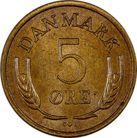 Denmark Frederik IX Bronze 1962 5 Øre Choice UNC .Luster KEY DATE KM# 848.1 (12)