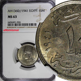 Egypt Farouk Copper-Nickel AH1360//1941 10 Milliemes NGC MS63 KM# 364 (026)