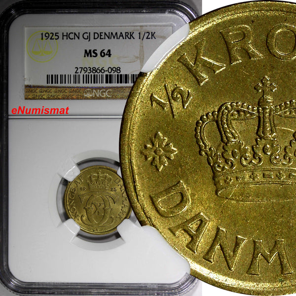 Denmark Christian X 1925 HCN; GJ  1/2 Krone NGC MS64 KM# 831.1 (098)